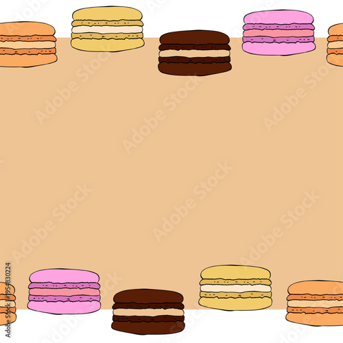 Macarons silhouette Seamless horizontal border Frame template Cafe hand drawn illustration. Vector graphic colored line ink art. for package, holiday design, fabric and textile.