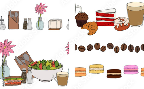 coffee cafe sweets Seamless horizontal border set hand drawn illustration. Vector graphic colored line ink art. For poster, invitation, backdrop, ad, sale promotion, print for t-shirt