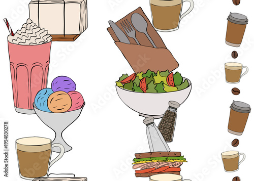 coffee cafe sweets Seamless vertical border set hand drawn illustration. Vector graphic colored line ink art. For poster, invitation, backdrop, ad, sale promotion, print for t-shirt