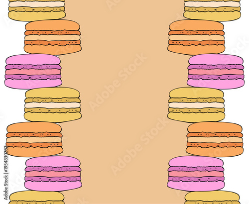 Macarons silhouette Seamless vertical border Frame template Cafe hand drawn illustration. Vector graphic colored line ink art. for package, holiday design, fabric and textile.