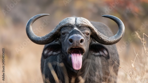 Buffalo tongue hanging mouth white long animal standing field livestock farm closeup rural nature grazing mammal horned outdoor grassland countryside natural behavior wildlife scene