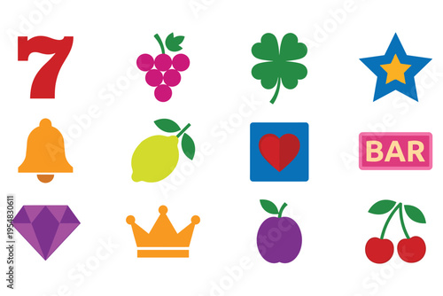 Colorful flat design collection of various icons including lucky symbols fruits and numbers isolated