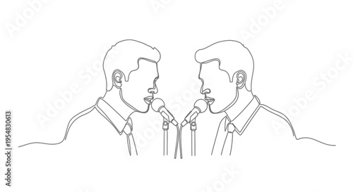 Two Men Talking into Microphones, Continuous Line Art, Debate or Interview Concept