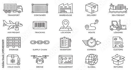 Logistics and Supply Chain Line Icon Set Pack. Editable Vector Art Illustration. featuring more transport, container, warehouse, delivery, sea, freight, air, tracking, location, route, loading Icons.