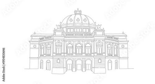 Elegant neoclassical building facade outline, historical architecture drawing, grand dome structure