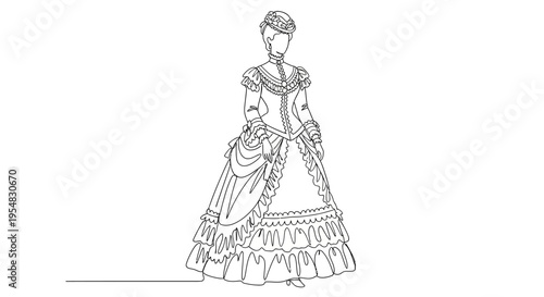 Victorian Era Woman Fashion Sketch - Vintage Dress Outline