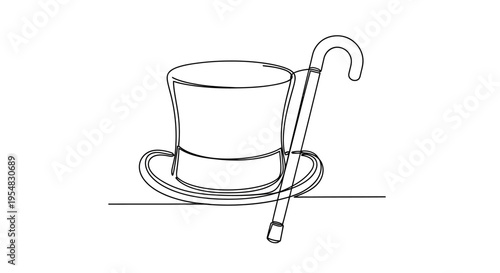 Top Hat and Cane Line Drawing - Minimalist Vintage Gentleman Accessory