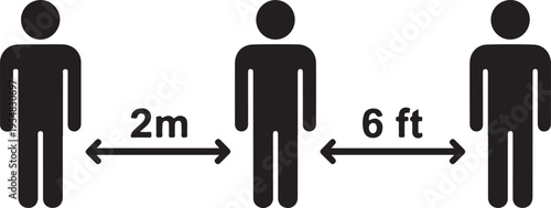 Black silhouettes of people with social distancing measurements
