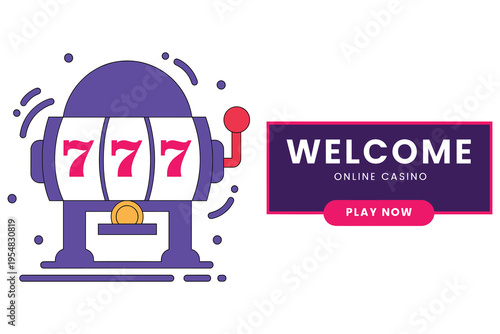 Colorful slot machine illustration with triple sevens and welcome online casino sign isolated design