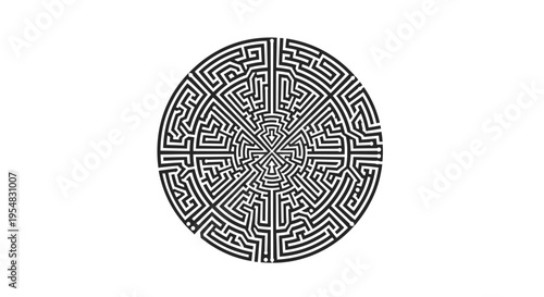 Complex Circular Maze Puzzle on Isolated White Background for Problem Solving and Brain Games Presenting an Intricate Challenge