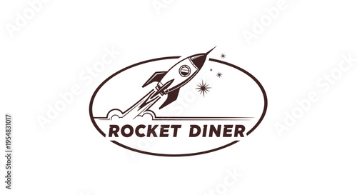 Retro Rocket Diner Logo with Flying Spaceship and Stars in an Oval Frame on Isolated White Background for Vintage Restaurants