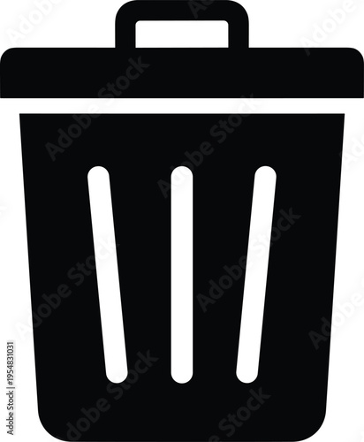 "Black and white trash can icon with rectangular tapered body, flat lid and vertical slits, minimal vector design for user interface, deletion, and digital file management"