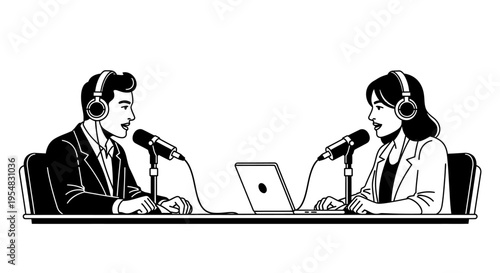 Professional Man and Woman Podcasting or Interviewing with Microphones and Headphones on Isolated White Background