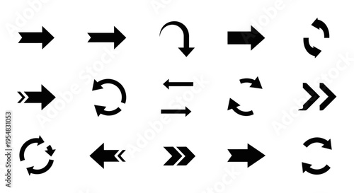 Collection of Black Arrow Icons for Navigation, Direction, and Refresh Actions on Isolated White Background