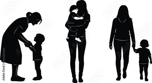 Black silhouette vector set of a mother holding her toddler, walking hand in hand, and bending down to interact with her young child