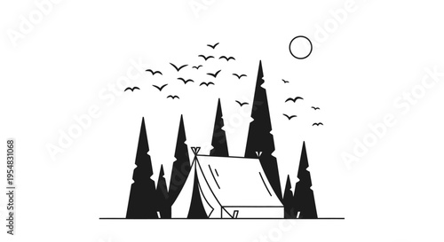 Silhouette of Camping Tent and Pine Trees with Flying Birds in Nature at Night or Dawn on Isolated White Background
