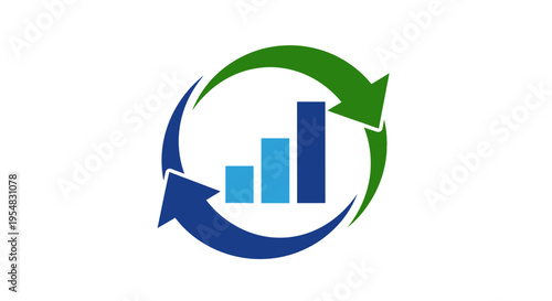 A graphic illustration featuring a blue bar chart with three ascending bars, encircled by a green clockwise arrow and a blue counter-clockwise arrow, symbolizing growth, data analysis, and 