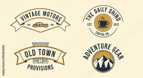 Collection of three retro-vintage style logo badges: "VINTAGE MOTORS" with a car, "THE DAILY GRIND COFFEE CO." with a coffee cup, and "ADVENTURE GEAR" with mountains, set on a light beige background.