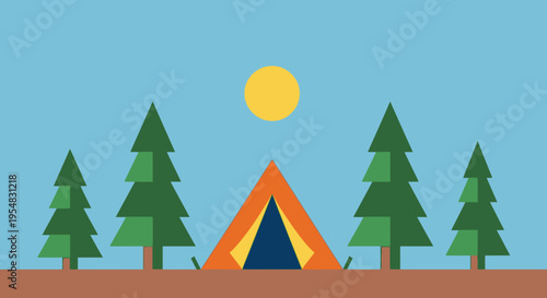 A minimalist flat design illustration of a vibrant orange and blue tent nestled among green pine trees under a bright yellow sun in a clear blue sky, depicting a serene outdoor camping scene.
