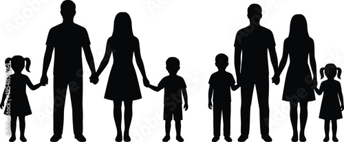 Family silhouettes set, parents with kids holding hands together love parenting unity vector illustration concept