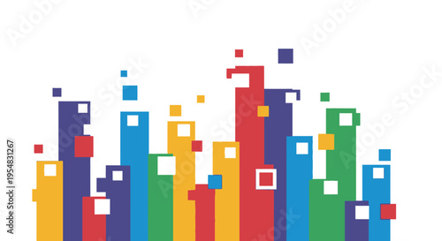 Abstract Colorful Pixelated City Buildings Landscape on Isolated White Background