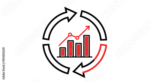 Business Growth Cycle with Rising Bar Graph and Circular Arrows on Isolated White Background