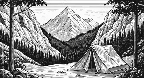 Black and White Camping Tent in Mountain Valley with Pine Trees Landscape Illustration