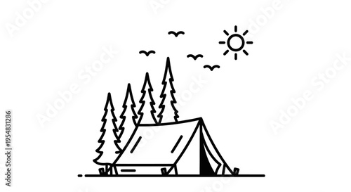 Line Art Camping Tent in Forest with Pine Trees and Sun on Isolated White Background