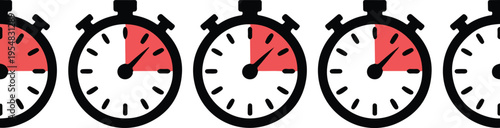 Five black and white stopwatches with red timer markers on white background clock