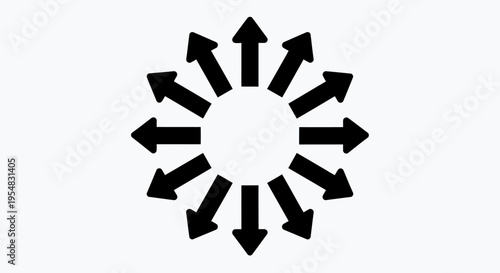 Circular Arrangement of Black Arrows Pointing Outwards on Isolated White Background