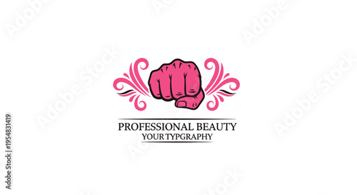 Stylized Pink Feminine Fist Icon with Professional Beauty Text on Isolated White Background