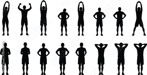 Black Silhouette Set of Man and Woman Performing Fitness Exercises Stretching and Bodyweight Workouts Isolated on White Background for Health and Wellness Concepts