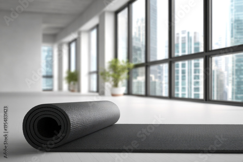 Black yoga mat partially unrolled on studio floor with blurred city window view background