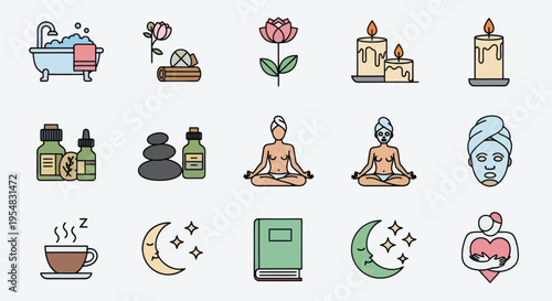 Colorful Wellness and Spa Relaxation Icons Set for Self-Care.