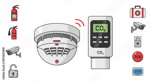 Modern smoke detector and CO monitor with security system icons.