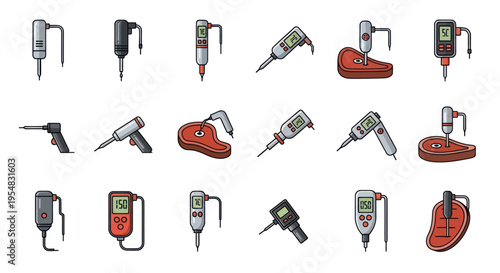 A collection of illustrated electric and mechanical meat tenderizer tools some shown with a steak.