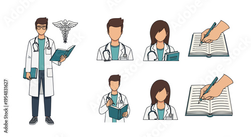 Medical Professionals and Educational Materials Icon Set.