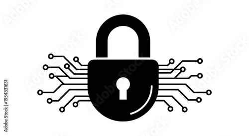 Padlock Connected to Circuit Board Lines Symbolizing Cybersecurity and Digital Protection on Isolated White Background