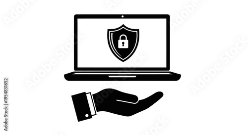 Hand Holding Laptop with Shield and Padlock Icon Symbolizing Data Security and Cyber Protection on Isolated White Background