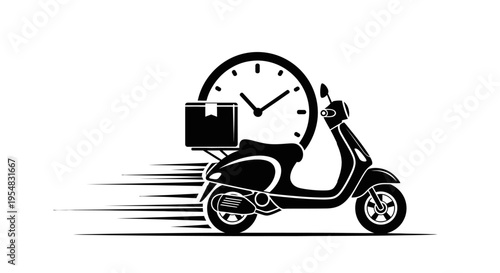 Fast Delivery Scooter Icon with Package and Clock Symbolizing Quick Service on Isolated White Background