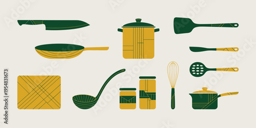 Illustration of various cooking utensils and kitchenware for culinary concepts