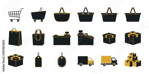 Essential Retail Store Icons: Shopping Cart Bags Boxes and Delivery Trucks