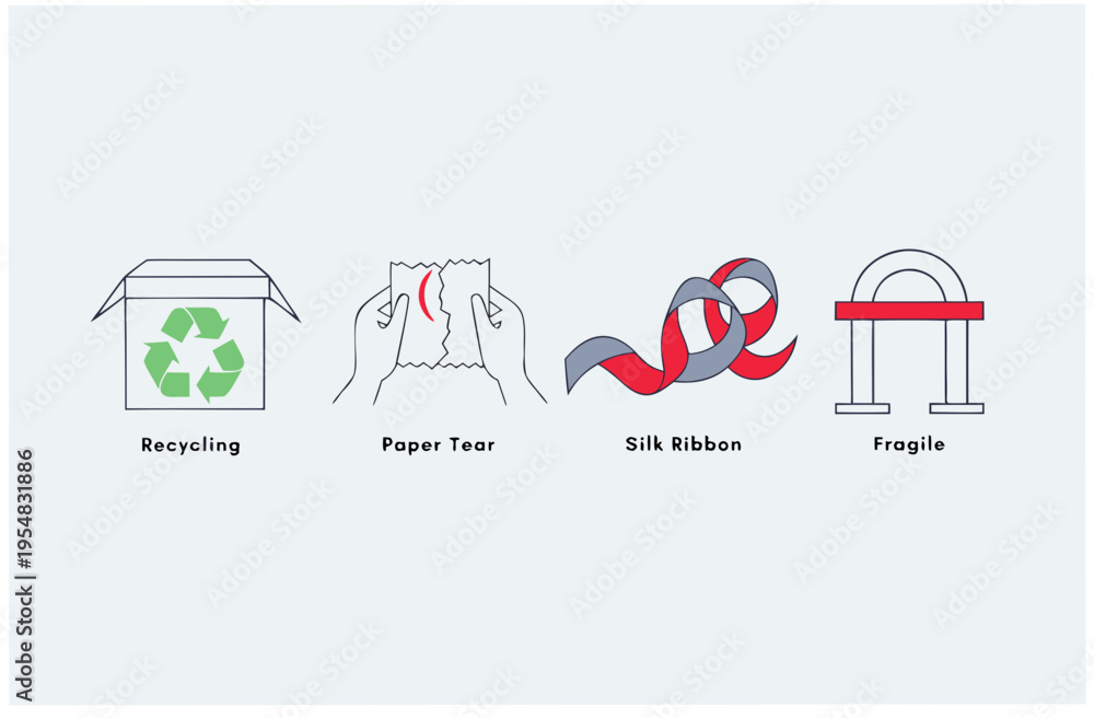 Fototapeta premium Unboxing experience concept with recycling box, paper tear, silk ribbon, and fragile symbol. Outline icon set on white background. Vector illustration