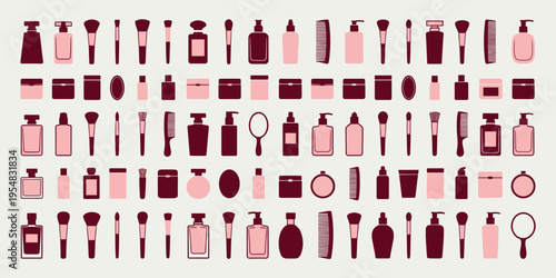 Seamless Repeating Pattern of Various Cosmetics Containers and Beauty Accessories