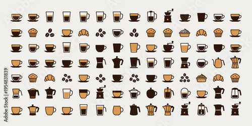 Vast collection of minimalist coffee icons cups brewers and beans