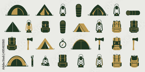 Outdoor Adventure Gear Icons: Camping Backpacking and Exploration Equipment Vector