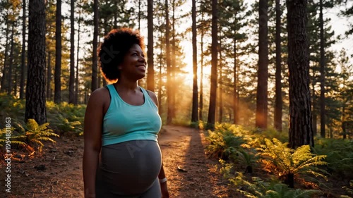 Pregnant woman touching her belly walking in forest at sunset