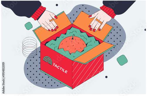 Woman hands opening a delivery box with a large fruit, representing the unboxing experience. Macro unboxing concept. Vector illustration