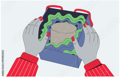 Woman hands opening a gift box with a present inside and decorative filler. Macro unboxing experience concept vector illustration