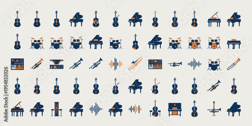 Abstract musical instrument icon collection featuring various music equipment set